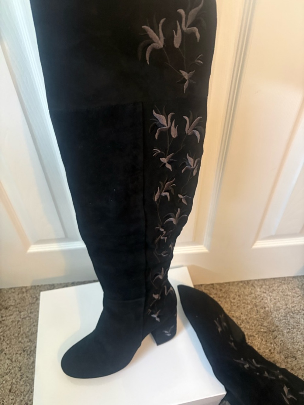 Kenneth Cole Black Suede Knee-High Boots with Embroidered Detail